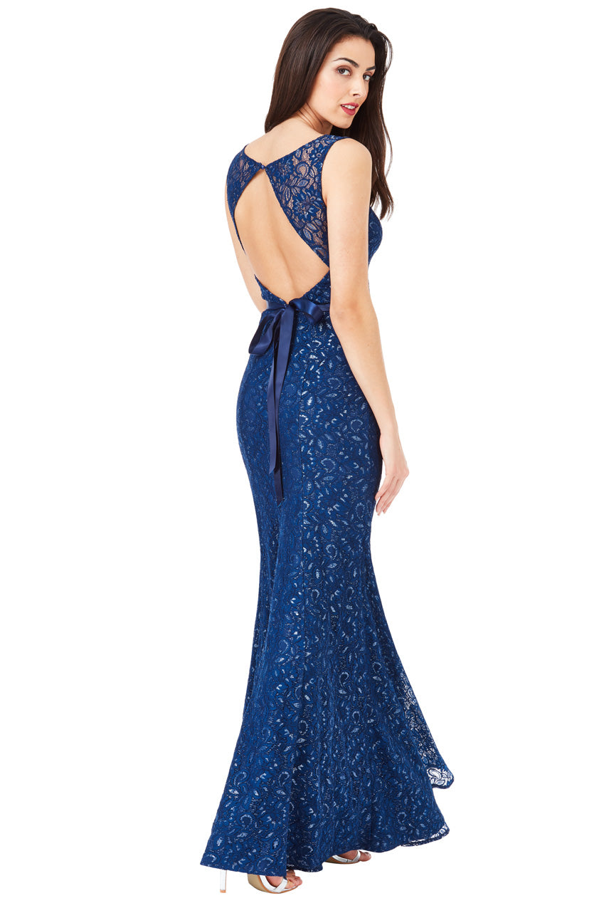 Open Back Lace Maxi Dress with Ribbon Tie