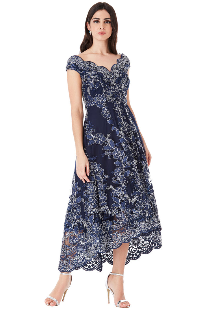 Embroided Lace Midi Dress With Asymmetrical Hem