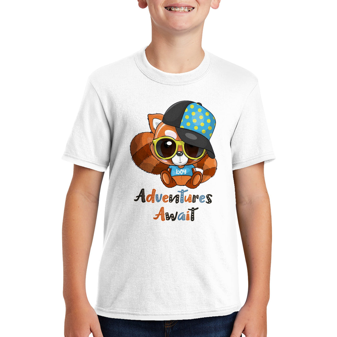 Polycotton Kids Crewneck T-shirt - Red Panda Boy "Adventures Await"