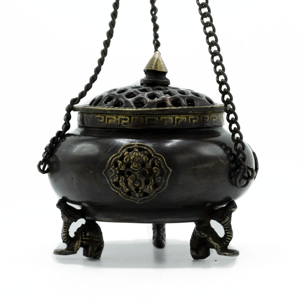 Large Brass Tibetan Burner - Four Symbol Hanging Pot