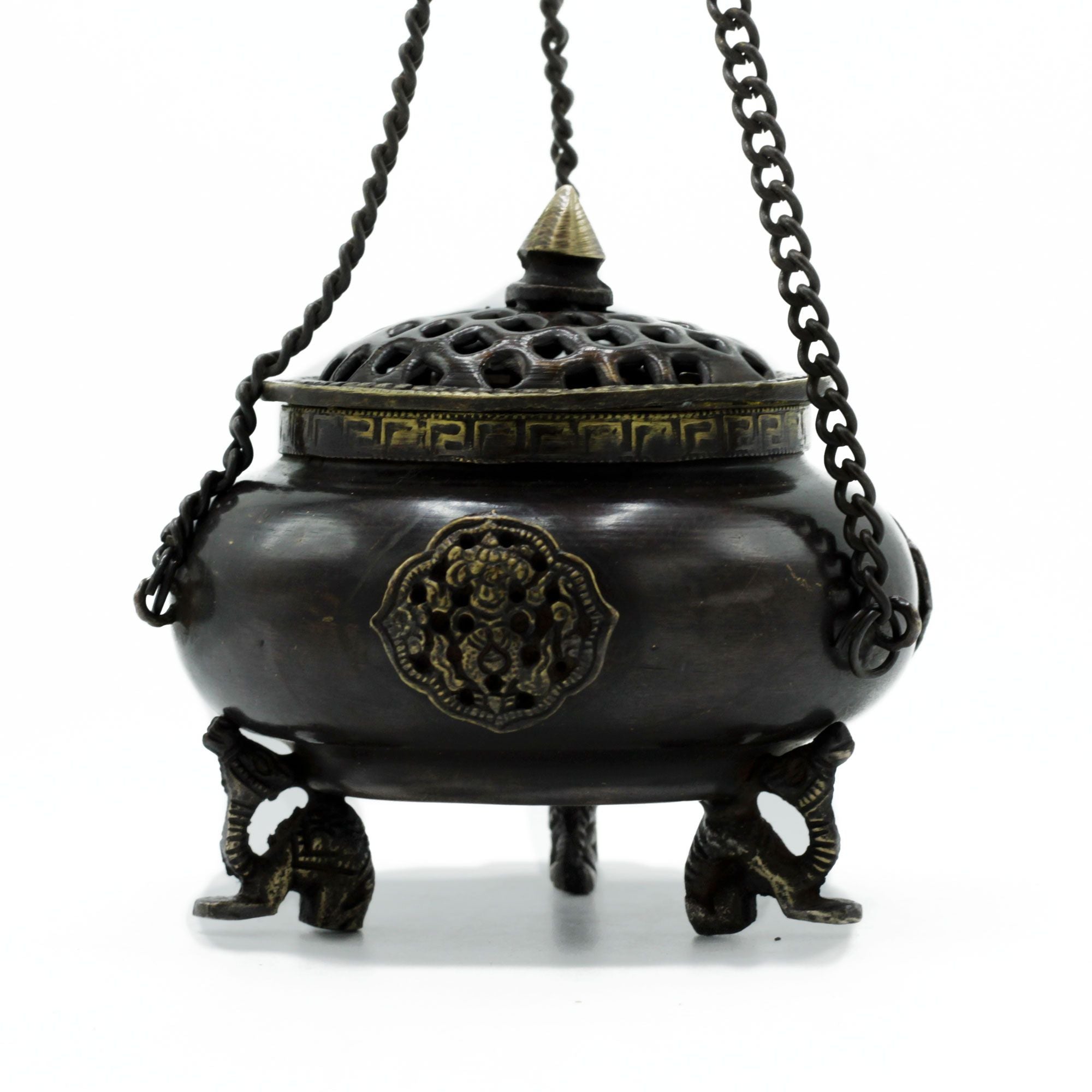 Large Brass Tibetan Burner - Four Symbol Hanging Pot